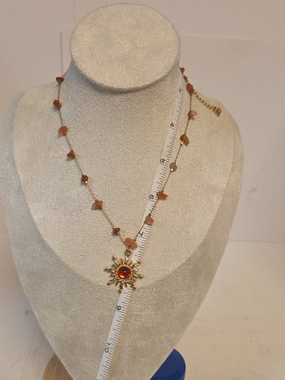 Boho Gold Sunburst Pendant Red Crystal & Carnelian Gemstone Chips 17"